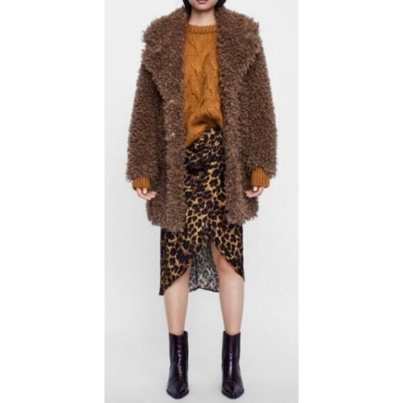 New Zara Outerwear Brown Fluffy Teddy Bear Curly Faux Fur Jacket Coat - Picture 2 of 12